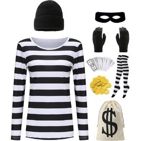 QUJQOM Women's Robber Costume Set Cop and Bank Thief Cosplay Halloween Costumes Striped Outfit Accessories Party Dress Up