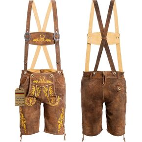 زي BAVARIA TRACHTEN Lederhosen للرجال في مهرجان أكتوبر - جلد طبيعي، ألماني للرجال Lederhosen - أصفر زيتوني/أخضر صدئ in Kuwait