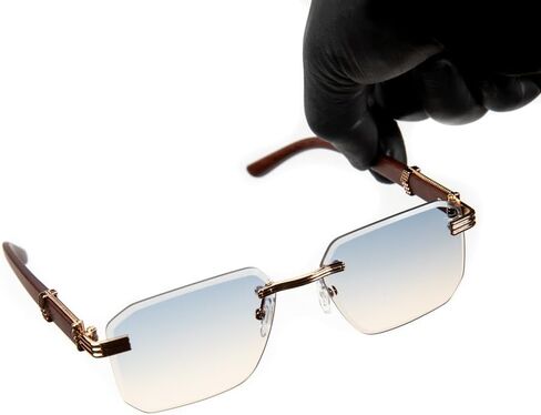 Street Knitted Gold Frame Rimless Gray Tan Gradient Tint Men's Hip Hop Woodgrain Sunglasses in Saudi Arabia