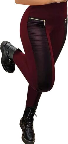 Flamingals Faux Leather Leggings for Women Mid Waisted Stretchy Patch Zip in Saudi Arabia