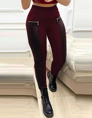 Flamingals Faux Leather Leggings for Women Mid Waisted Stretchy Patch Zip in Saudi Arabia