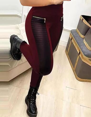 Flamingals Faux Leather Leggings for Women Mid Waisted Stretchy Patch Zip in Saudi Arabia