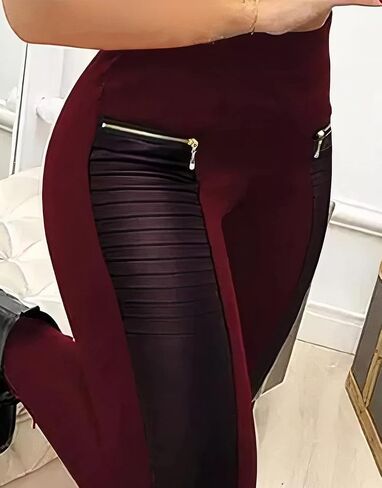 Flamingals Faux Leather Leggings for Women Mid Waisted Stretchy Patch Zip in Saudi Arabia