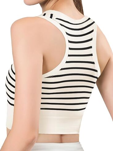 توب نسائي بدون أكمام مع حمالة صدر مدمجة شريطية طويلة من الخلف حمالات صدر رياضية برقبة دائرية للتمرين كامي قطع علوية قصيرة مضلعة in Kuwait