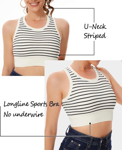توب نسائي بدون أكمام مع حمالة صدر مدمجة شريطية طويلة من الخلف حمالات صدر رياضية برقبة دائرية للتمرين كامي قطع علوية قصيرة مضلعة in Kuwait