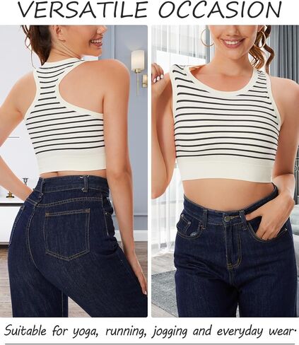 توب نسائي بدون أكمام مع حمالة صدر مدمجة شريطية طويلة من الخلف حمالات صدر رياضية برقبة دائرية للتمرين كامي قطع علوية قصيرة مضلعة in Kuwait