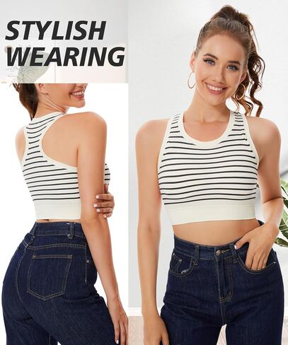 توب نسائي بدون أكمام مع حمالة صدر مدمجة شريطية طويلة من الخلف حمالات صدر رياضية برقبة دائرية للتمرين كامي قطع علوية قصيرة مضلعة in Kuwait