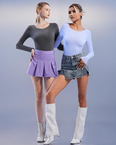 ALGALAROUND Women's Round Scoop Neck Long Sleeve Bodysuit Premium Skin-hugging Double Lined Tummy Control Tops in Kuwait