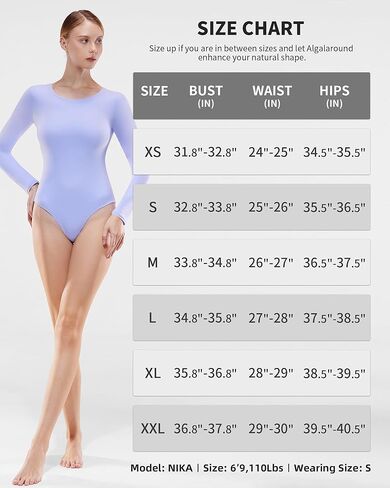 ALGALAROUND Women's Round Scoop Neck Long Sleeve Bodysuit Premium Skin-hugging Double Lined Tummy Control Tops in Kuwait