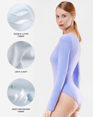 ALGALAROUND Women's Round Scoop Neck Long Sleeve Bodysuit Premium Skin-hugging Double Lined Tummy Control Tops in Kuwait