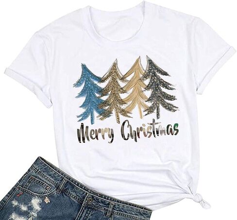 Beopjesk Christmas Shirts Womens Leopard Plaid Trees Printed Casual Short Sleeve Graphic Tees Tops in Kuwait