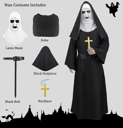 Hitormoon مخيف راهبة زي النساء الكبار هالوين ازياء القرون الوسطى الأم شقيقة تأثيري رداء مع كامل قناع رأس التبعي in Kuwait