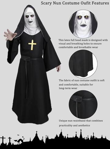 Hitormoon مخيف راهبة زي النساء الكبار هالوين ازياء القرون الوسطى الأم شقيقة تأثيري رداء مع كامل قناع رأس التبعي in Kuwait