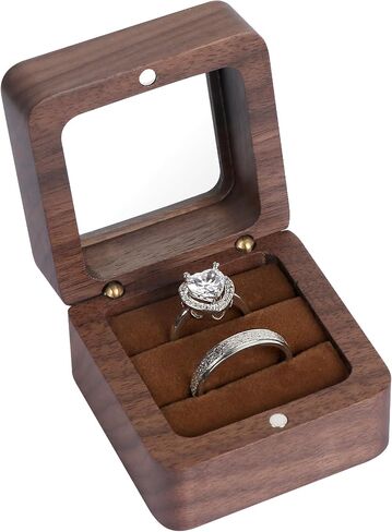 Wooden Ring Box, Engagement Ring Box with 2 Slots, Double Ring Box, Square Wedding Ring Box, Small Ring Holder Box for Wedding, Proposal, Ceremony(Black Inner with window) in Kuwait
