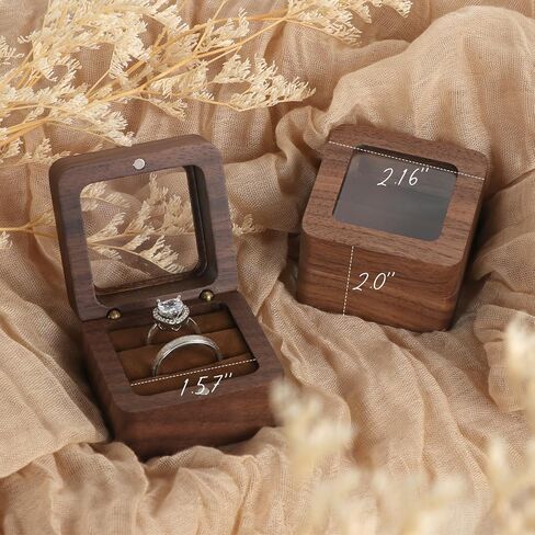 Wooden Ring Box, Engagement Ring Box with 2 Slots, Double Ring Box, Square Wedding Ring Box, Small Ring Holder Box for Wedding, Proposal, Ceremony(Black Inner with window) in Kuwait