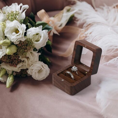 Wooden Ring Box, Engagement Ring Box with 2 Slots, Double Ring Box, Square Wedding Ring Box, Small Ring Holder Box for Wedding, Proposal, Ceremony(Black Inner with window) in Kuwait