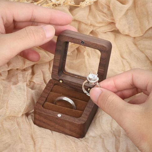 Wooden Ring Box, Engagement Ring Box with 2 Slots, Double Ring Box, Square Wedding Ring Box, Small Ring Holder Box for Wedding, Proposal, Ceremony(Black Inner with window) in Kuwait