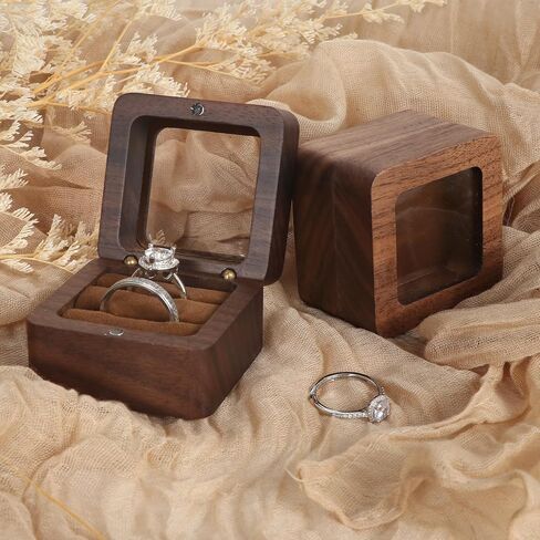 Wooden Ring Box, Engagement Ring Box with 2 Slots, Double Ring Box, Square Wedding Ring Box, Small Ring Holder Box for Wedding, Proposal, Ceremony(Black Inner with window) in Kuwait