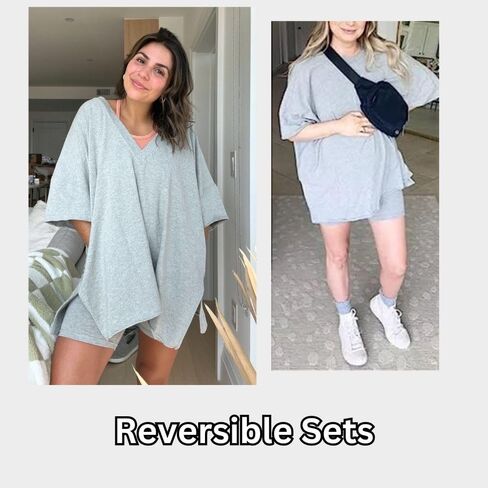 Womens 2 Piece Outfits Oversized Hot Shot Reversible set V Neck T Shirt Biker Shorts Workout Sets in Kuwait