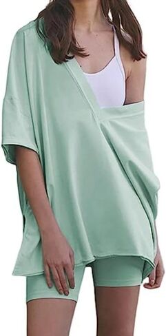 Womens 2 Piece Outfits Oversized Hot Shot Reversible set V Neck T Shirt Biker Shorts Workout Sets in Kuwait