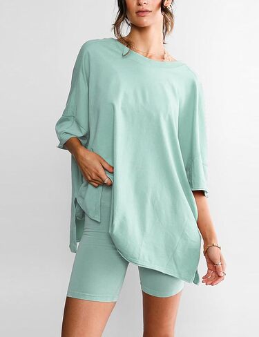 Womens 2 Piece Outfits Oversized Hot Shot Reversible set V Neck T Shirt Biker Shorts Workout Sets in Kuwait