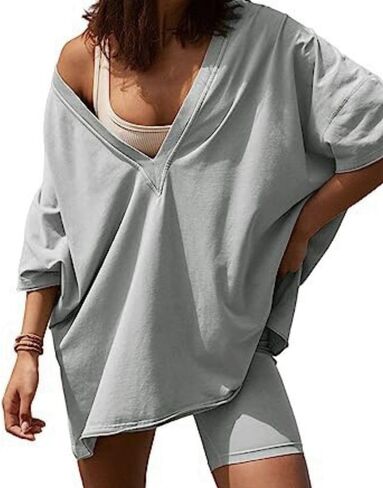 Womens 2 Piece Outfits Oversized Hot Shot Reversible set V Neck T Shirt Biker Shorts Workout Sets in Saudi Arabia