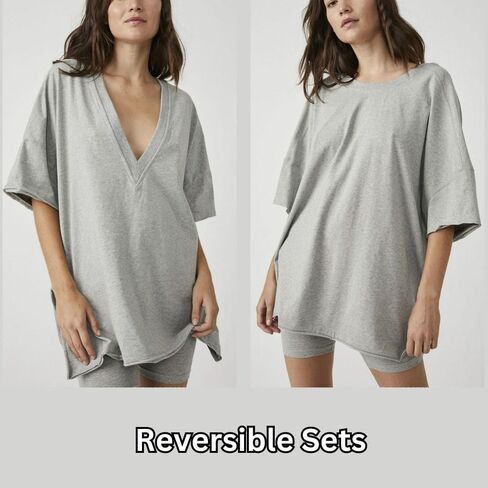 Womens 2 Piece Outfits Oversized Hot Shot Reversible set V Neck T Shirt Biker Shorts Workout Sets in Saudi Arabia