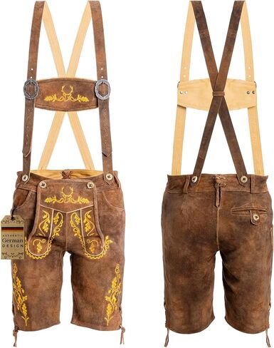 BAVARIA TRACHTEN Lederhosen Men Oktoberfest Costume - Genuine Leather, German Mens Lederhosen - Olive Yellow/Rust Green in Saudi Arabia