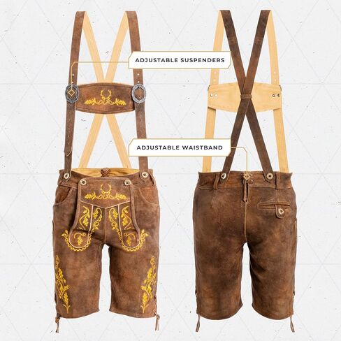 BAVARIA TRACHTEN Lederhosen Men Oktoberfest Costume - Genuine Leather, German Mens Lederhosen - Olive Yellow/Rust Green in Saudi Arabia