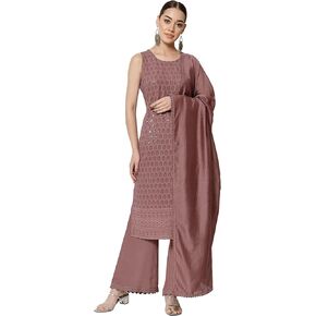 Shopping Queen Women's Rayon Chikankari Lucknowi Kurta Palazzo with Dupatta Set