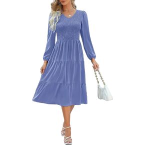 فستان نسائي من Kranda للخريف بياقة على شكل V وأكمام طويلة وجيب منتفخ بالزهور متوسط ​​الطول مكشكش بطبقات مع جيوب in Kuwait