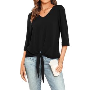 Veryoung Fall Dressy Chiffon Blouses for Women V Neck Tie Front 3/4 Sleeve Tops Business Casual Office Work Loose Top Shirts in Kuwait