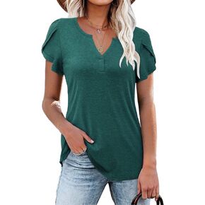 LAISHEN Women's Petal Sleeve Tops V Neck Short Sleeve Shirts Summer Casual Tunic Tshirts