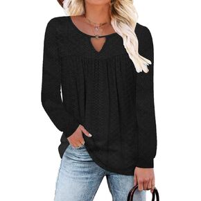 Women's Casual Dressy Long Sleeve Shirts Pleated Fashion Front Key Hole Blouse Cute Scoop Neck Loose Fit Tops in Kuwait