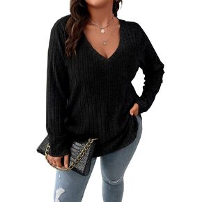 Veeiid Women Plus Size Casual Knit V Neck Lightweight Long Sleeve Sweaters XL-5XL in Kuwait
