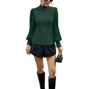 Women's Turtleneck Tops Puff Long Sleeve Shiny Sequins Ribbed Blouses Knit Casual Fall Shirts 2023 Fashion Tunics
