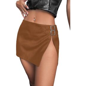 WDIRARA Women's PU Leather High Waisted Slit Zip Fly Sexy Party Club Mini Skirt
