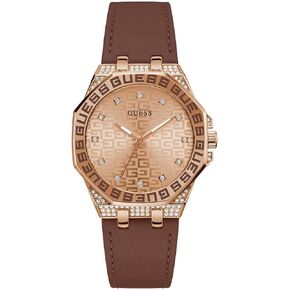 GUESS Ladies 38mm Watch - Brown Strap Rose Gold Dial Rose Gold Tone Case