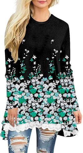 قمصان تونيك نسائية من BeadChica لارتدائها مع سراويل ضيقة وأكمام طويلة، بلوزات غير رسمية من الدانتيل المتدفق، تي شيرتات in Kuwait