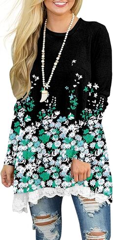 قمصان تونيك نسائية من BeadChica لارتدائها مع سراويل ضيقة وأكمام طويلة، بلوزات غير رسمية من الدانتيل المتدفق، تي شيرتات in Kuwait