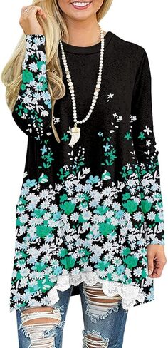 قمصان تونيك نسائية من BeadChica لارتدائها مع سراويل ضيقة وأكمام طويلة، بلوزات غير رسمية من الدانتيل المتدفق، تي شيرتات in Kuwait