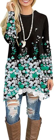 قمصان تونيك نسائية من BeadChica لارتدائها مع سراويل ضيقة وأكمام طويلة، بلوزات غير رسمية من الدانتيل المتدفق، تي شيرتات in Kuwait