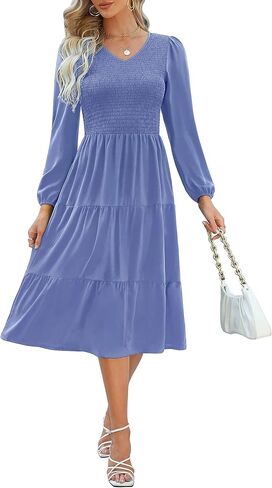 فستان نسائي من Kranda للخريف بياقة على شكل V وأكمام طويلة وجيب منتفخ بالزهور متوسط ​​الطول مكشكش بطبقات مع جيوب in Kuwait