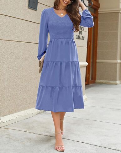 فستان نسائي من Kranda للخريف بياقة على شكل V وأكمام طويلة وجيب منتفخ بالزهور متوسط ​​الطول مكشكش بطبقات مع جيوب in Kuwait