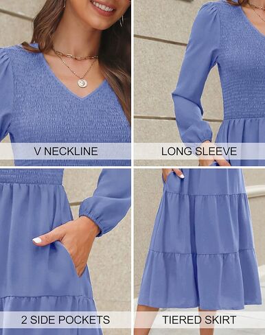 فستان نسائي من Kranda للخريف بياقة على شكل V وأكمام طويلة وجيب منتفخ بالزهور متوسط ​​الطول مكشكش بطبقات مع جيوب in Kuwait