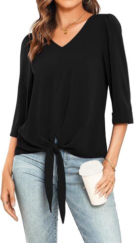Veryoung Fall Dressy Chiffon Blouses for Women V Neck Tie Front 3/4 Sleeve Tops Business Casual Office Work Loose Top Shirts in Kuwait