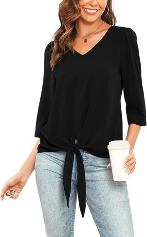 Veryoung Fall Dressy Chiffon Blouses for Women V Neck Tie Front 3/4 Sleeve Tops Business Casual Office Work Loose Top Shirts in Kuwait