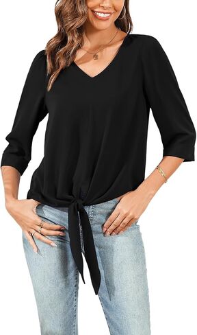 Veryoung Fall Dressy Chiffon Blouses for Women V Neck Tie Front 3/4 Sleeve Tops Business Casual Office Work Loose Top Shirts in Kuwait