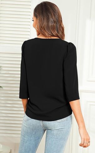 Veryoung Fall Dressy Chiffon Blouses for Women V Neck Tie Front 3/4 Sleeve Tops Business Casual Office Work Loose Top Shirts in Kuwait