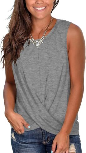 تي شيرت Jescakoo نسائي صيفي بدون أكمام ورقبة دائرية ملتوية من الأمام وقمصان علوية فضفاضة in Kuwait